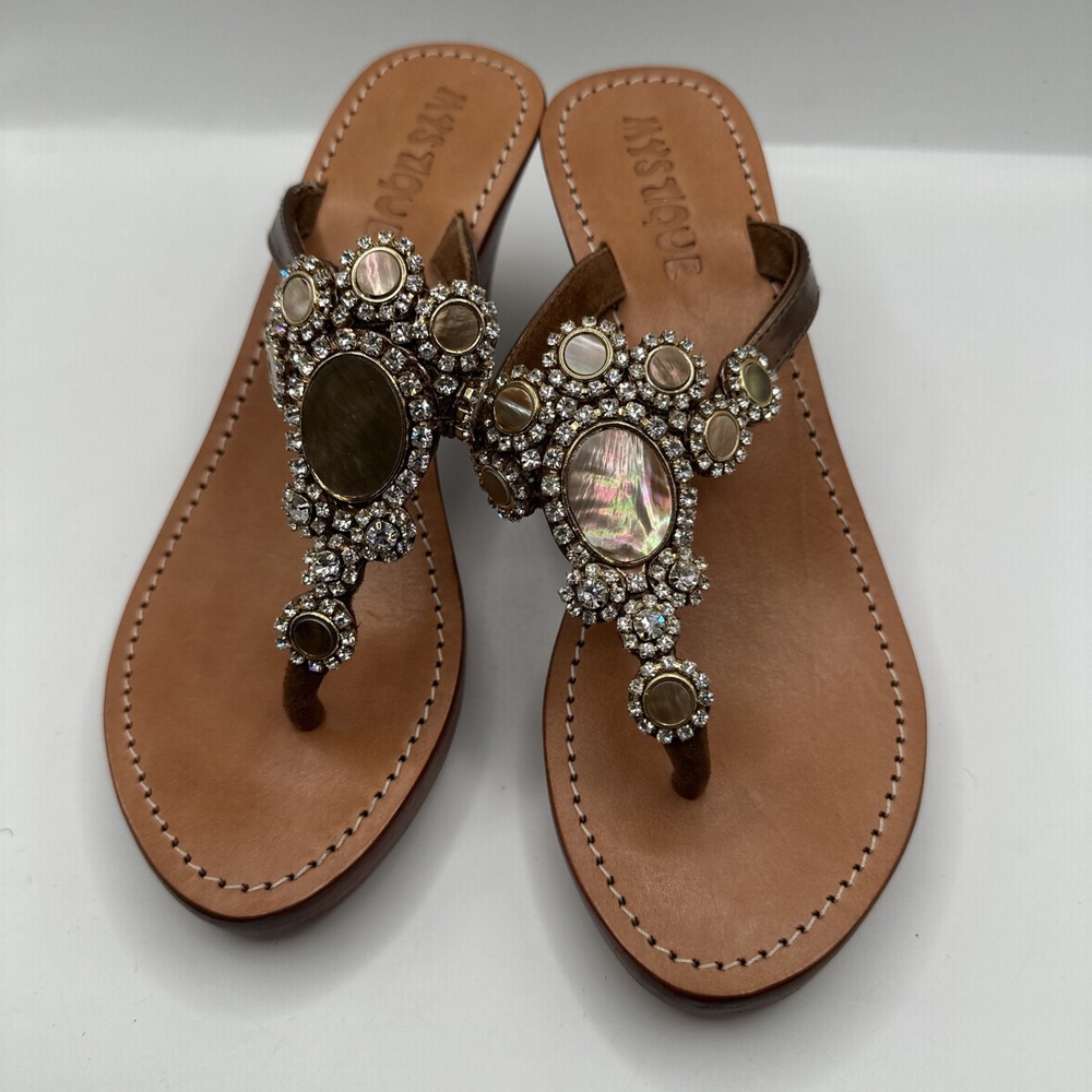 Mystique Brown Leather Jeweled Crystal Stone Embellished Wedge Sandals Sz 8 - Picture 2 of 7
